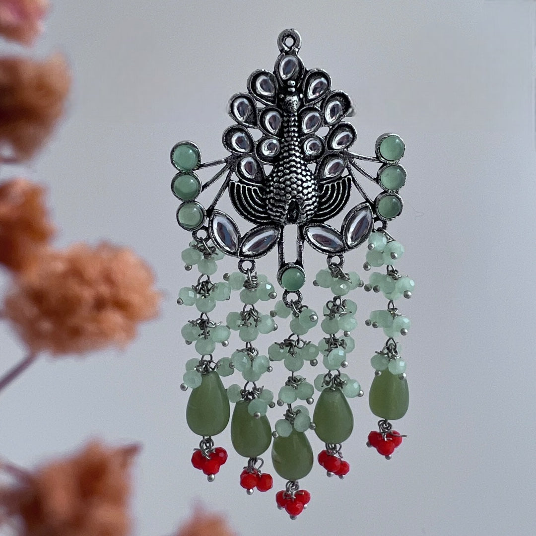 PAVO PEACOCK SEMI HANDMADE OXIDIZED BEADED EARRING ER119