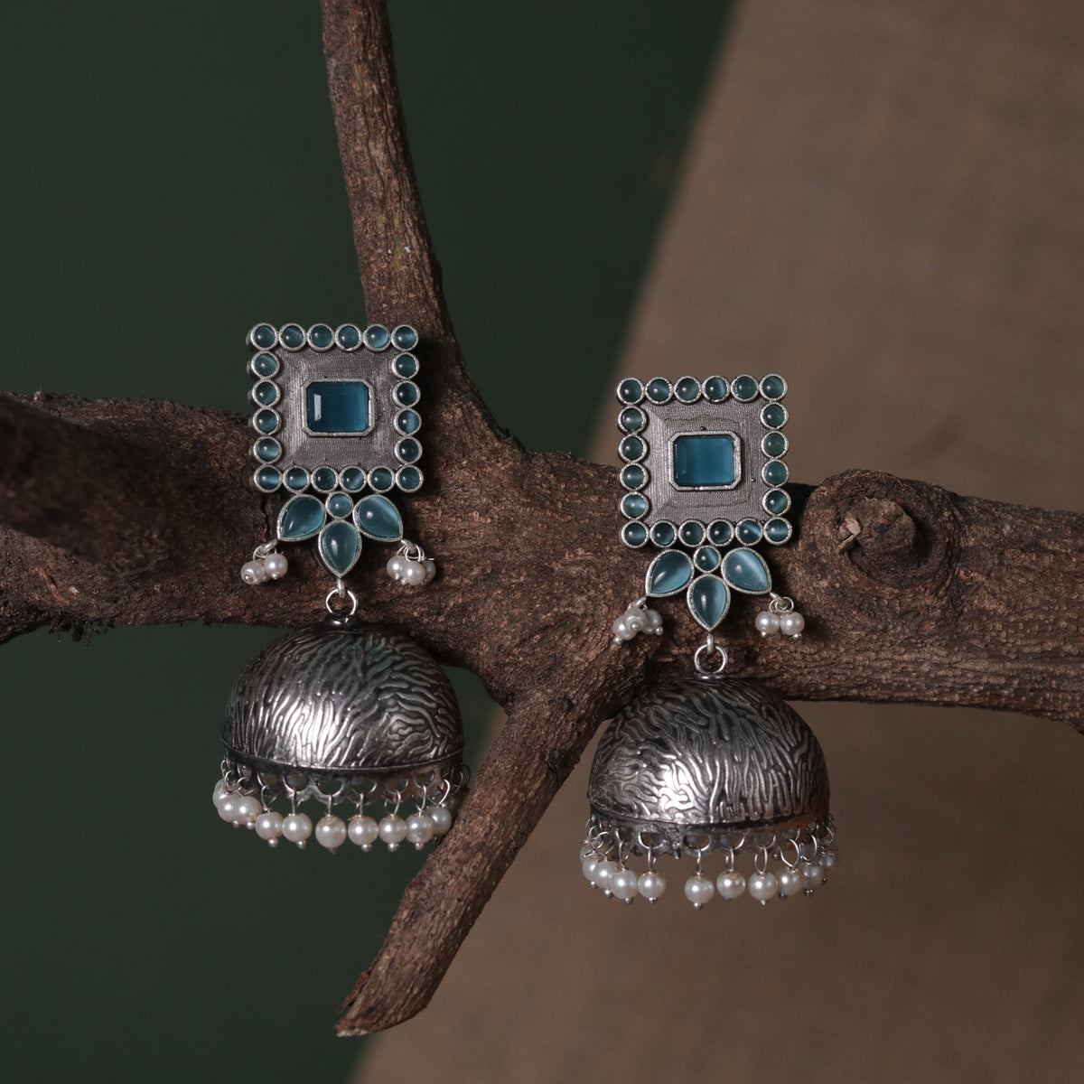 ROYAL SQUARE ELEGANCE FAUX SILVER SEMI-HANDMADE JHUMKAS ER36