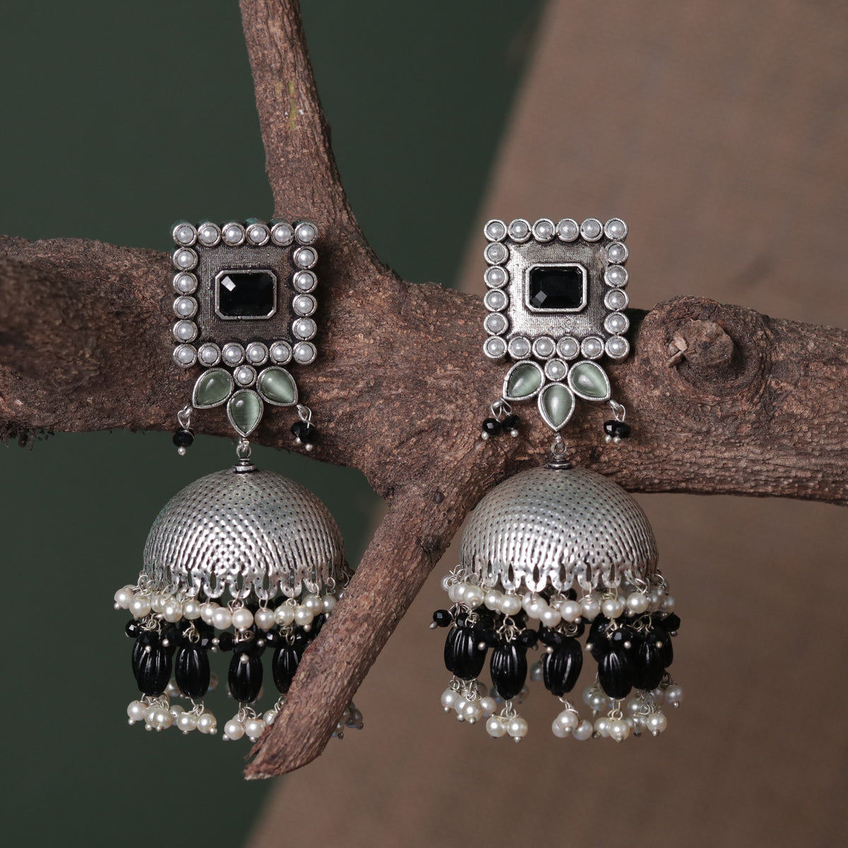SQUARE SERENADE FAUX SILVER HANDMADE JHUMKAS ER37