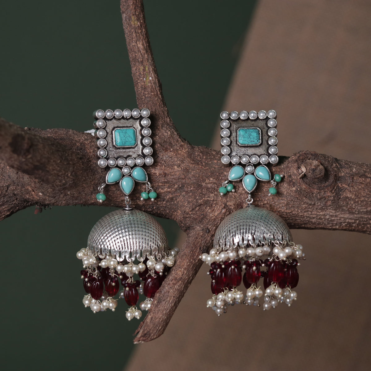 SQUARE SERENADE FAUX SILVER HANDMADE JHUMKAS ER37