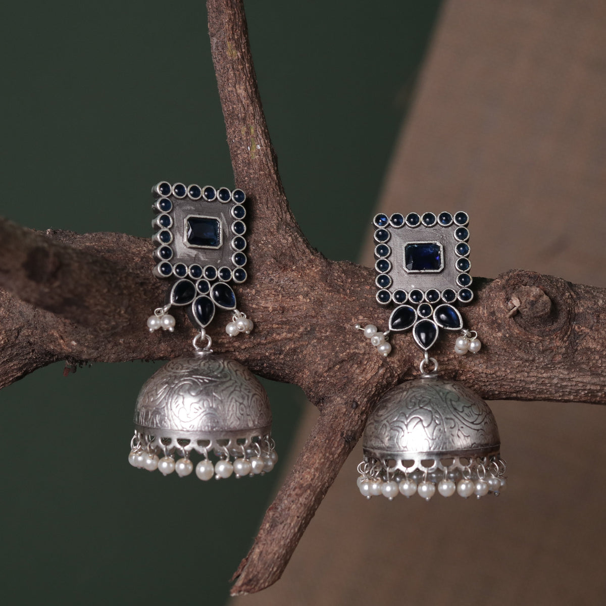 ROYAL SQUARE ELEGANCE FAUX SILVER SEMI-HANDMADE JHUMKAS ER36