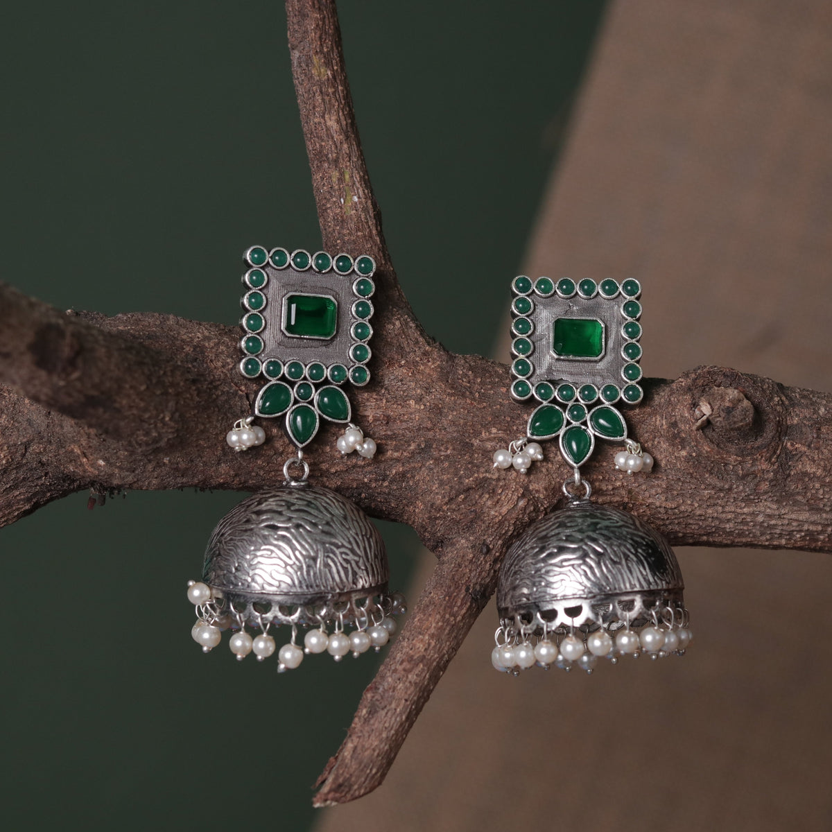 ROYAL SQUARE ELEGANCE FAUX SILVER SEMI-HANDMADE JHUMKAS ER36