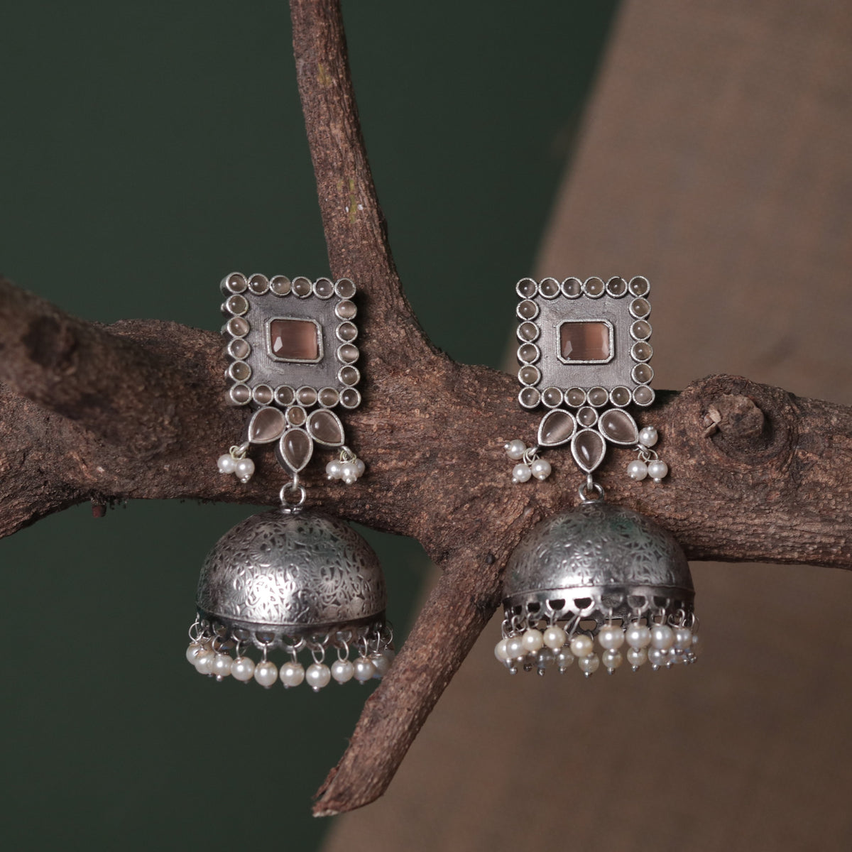 ROYAL SQUARE ELEGANCE FAUX SILVER SEMI-HANDMADE JHUMKAS ER36