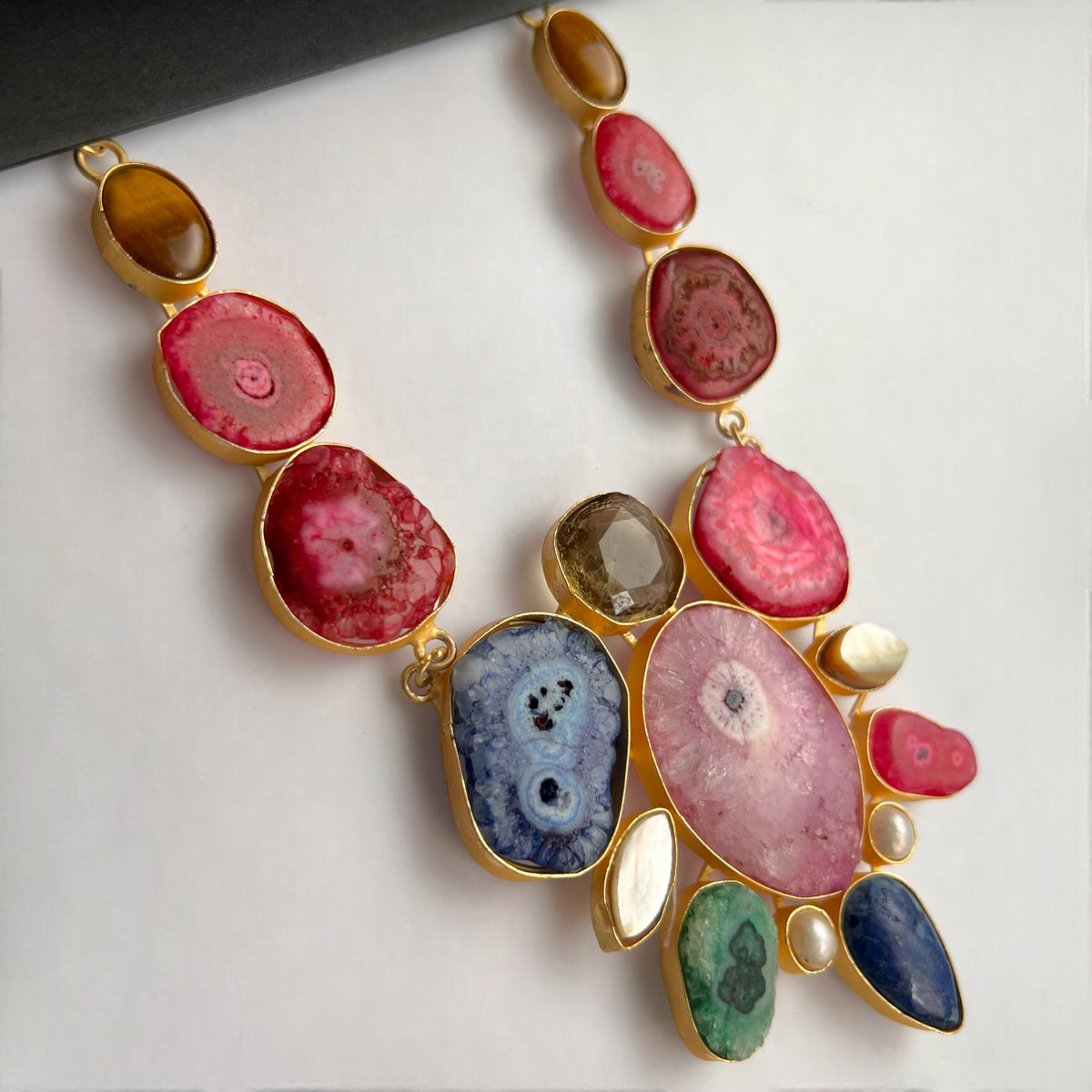 CHIC CROSSOVER DRUZY AGATE HANDMADE MULTI STONE STATEMENT RAW AND RUSTIC FINISH NECKLACE NL02