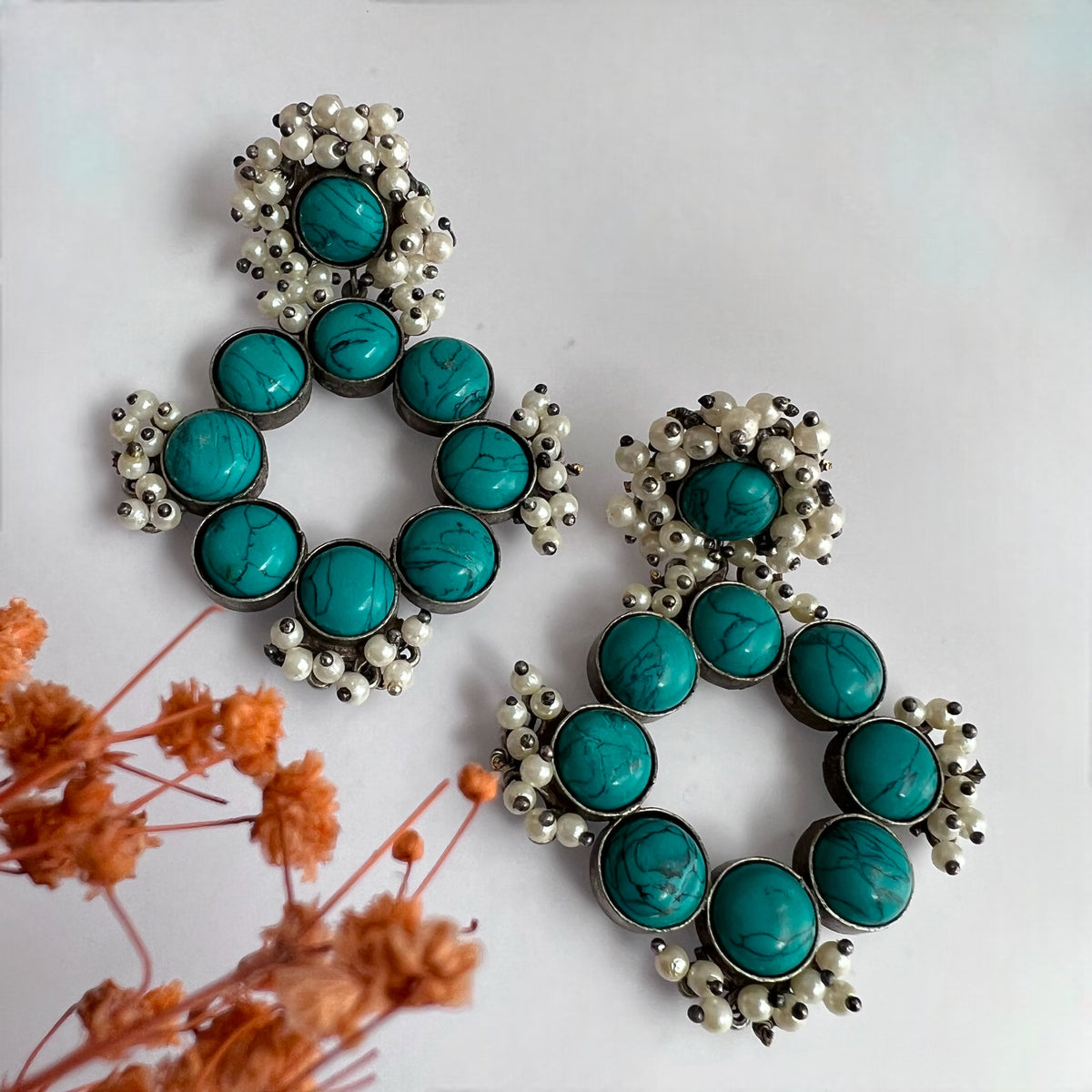 NATURES CIRCLE NATURAL STONE SILVER LOOK ALIKE HANDMADE EARRINGS ER156