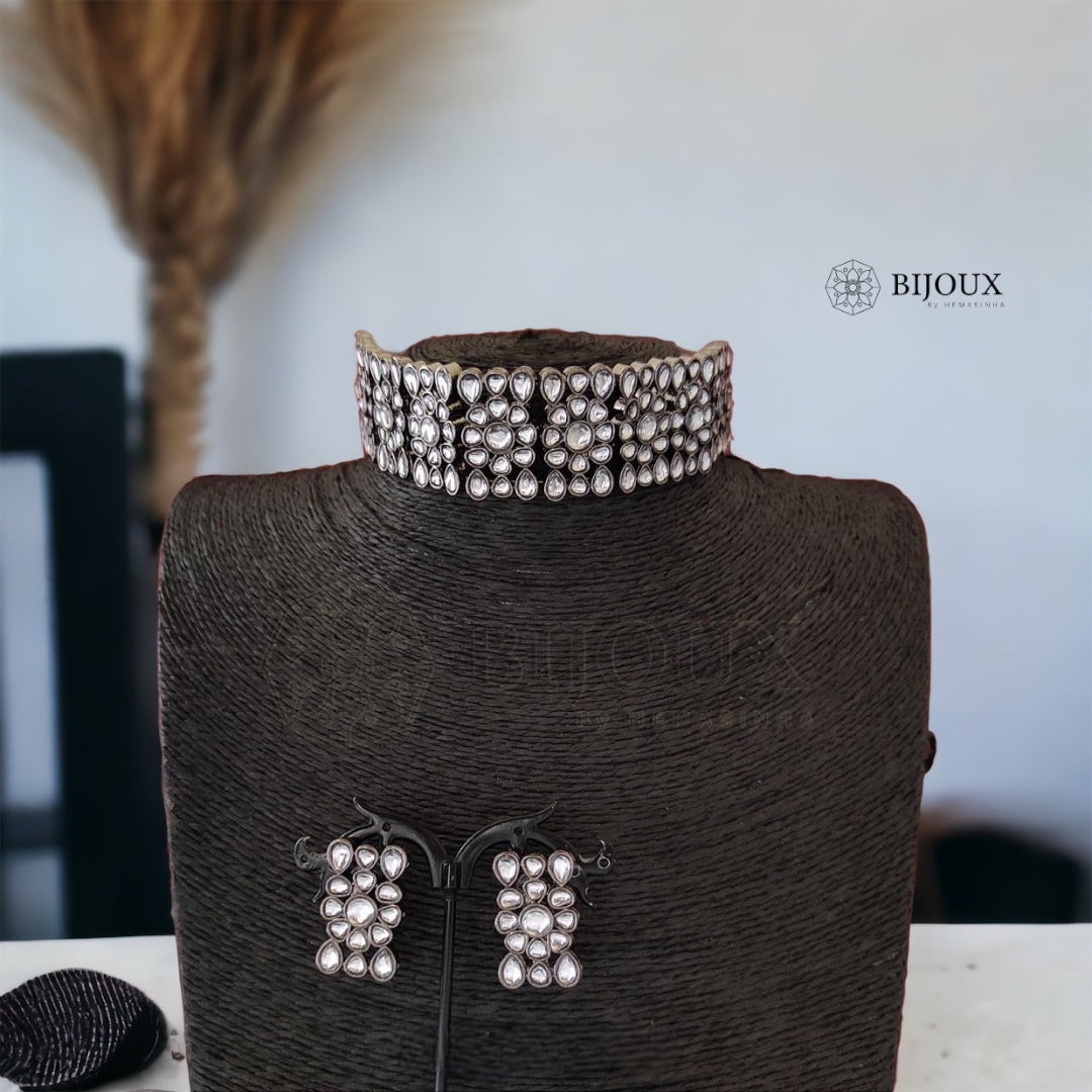 LYRA FAUX KUNDAN BLACK POLISH KUNDAN CHOKER WITH EARRINGS CH342