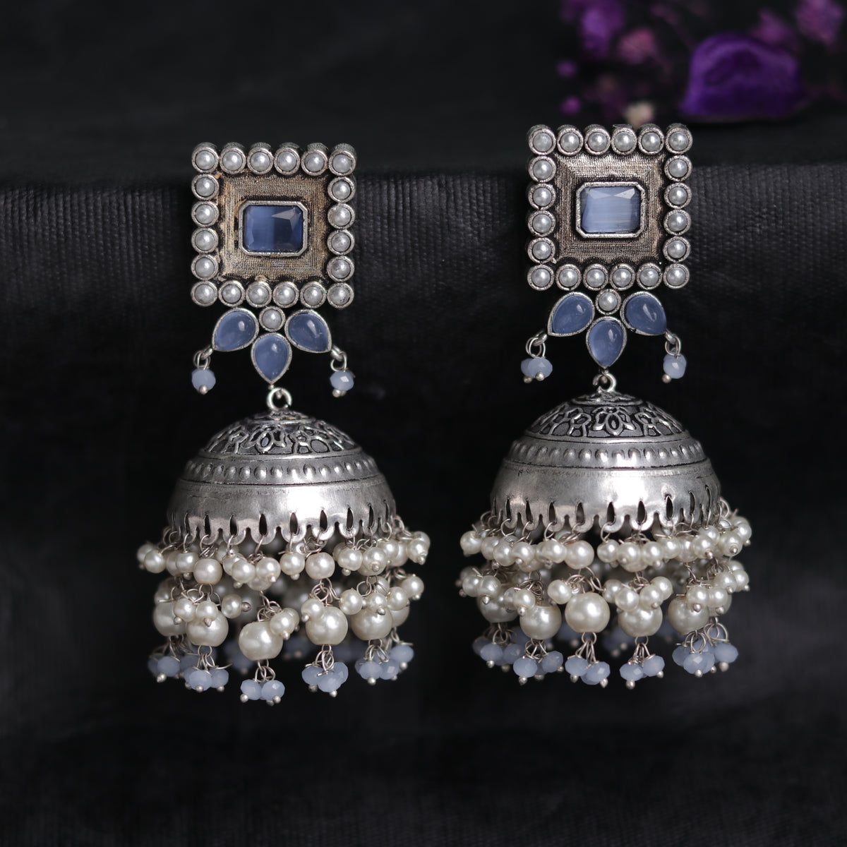 SQUARE SERENADE FAUX SILVER HANDMADE JHUMKAS ER37