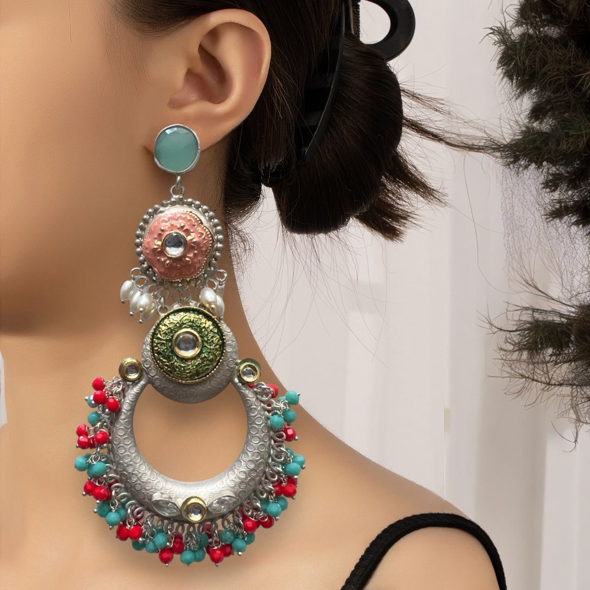 NILA SILVER LOOK ALIKE PREMIUM POLISH LAC AND KUNDAN HANDMADE EARRING ER233