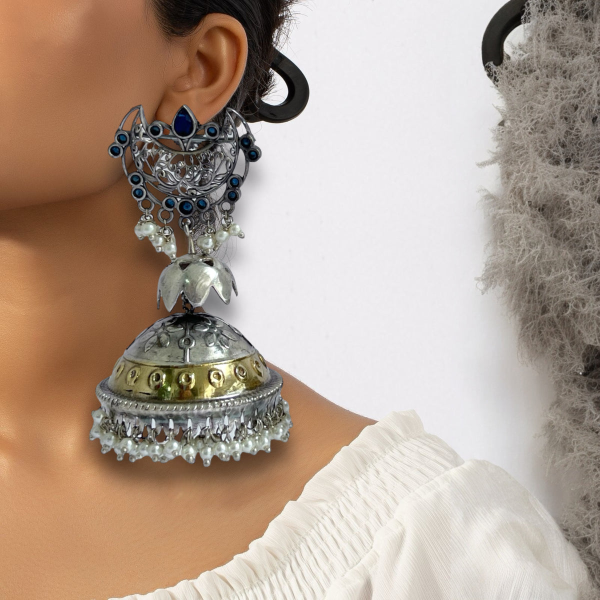 CELESTA SILVER LOOK ALIKE DUAL-TONED PREMIUM POLISH HANDMADE JHUMKA ER235