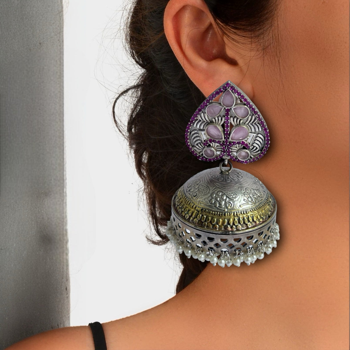 HEARTY LEAF SILVER LOOK ALIKE DUAL-TONED PREMIUM POLISH HANDMADE JHUMKA ER234