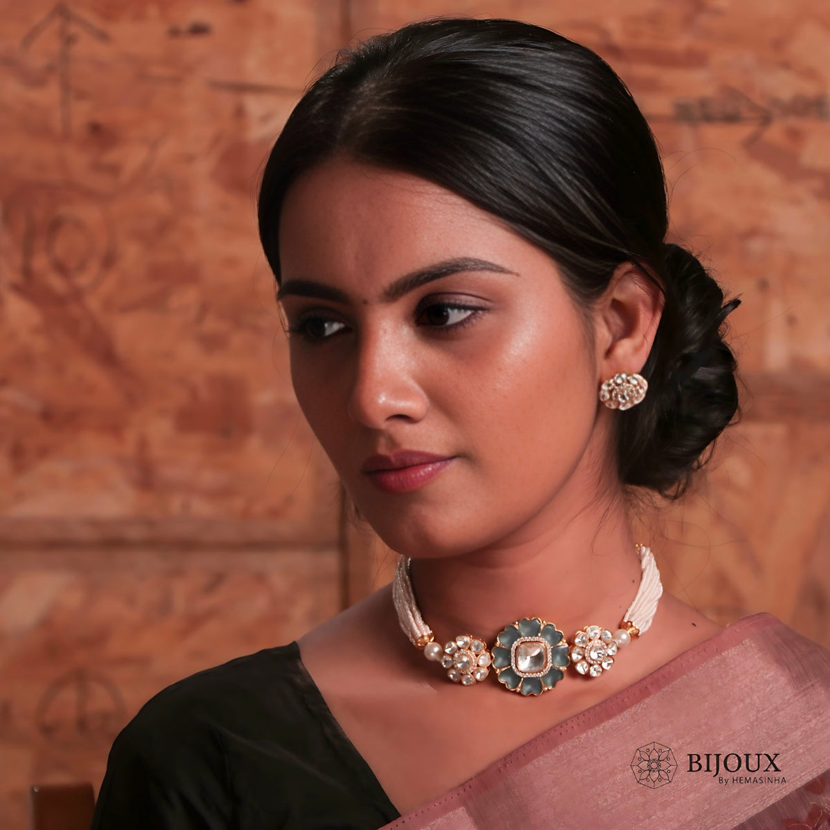 BINAL BIJOUX PREMIUM AND EXCLUSIVE POLKI HANDMADE CHOKER WITH EARRINGS CH205