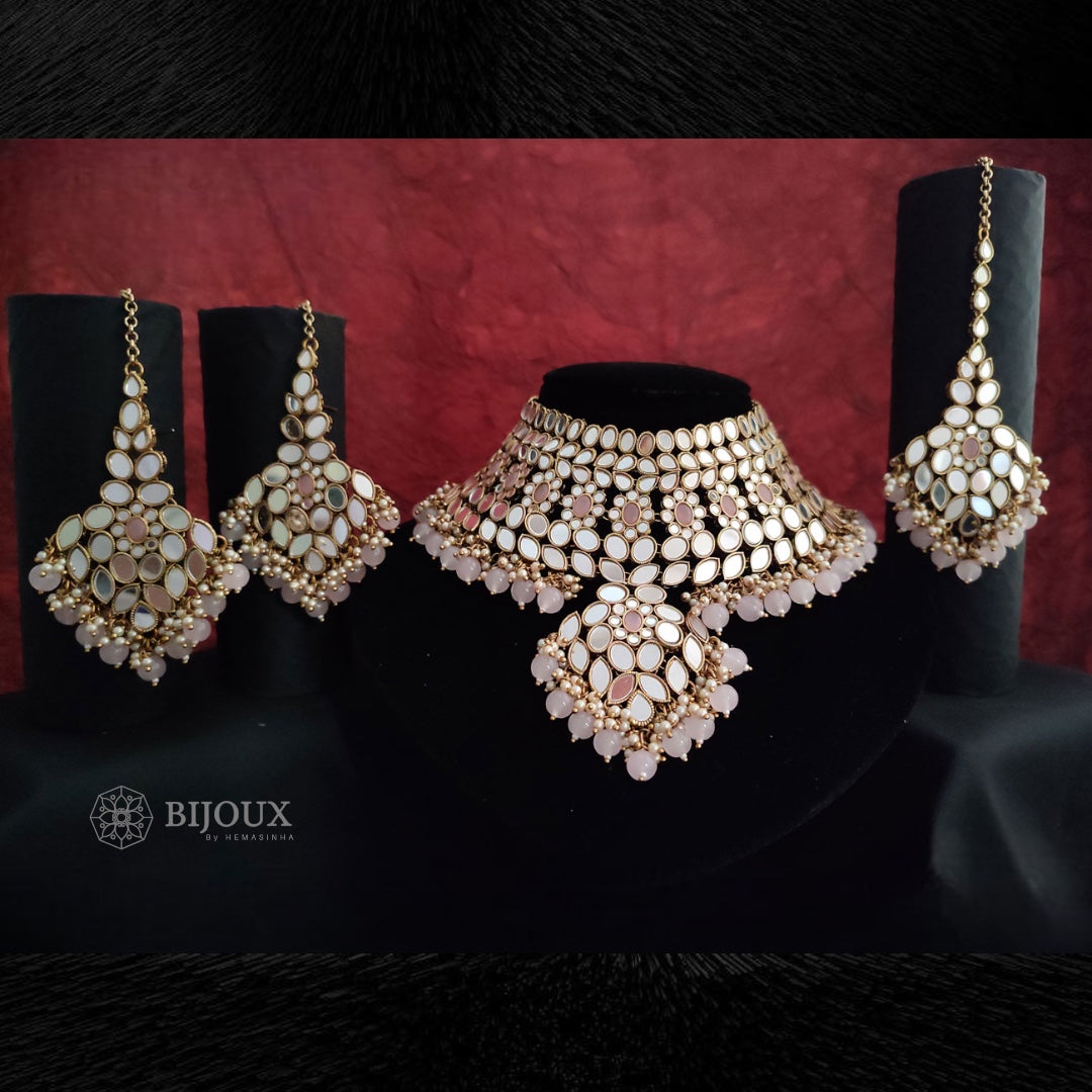 KIRANYA MIRROR SEMI HANDMADE NECKLACE WITH EARRING AND TIKKA NL203