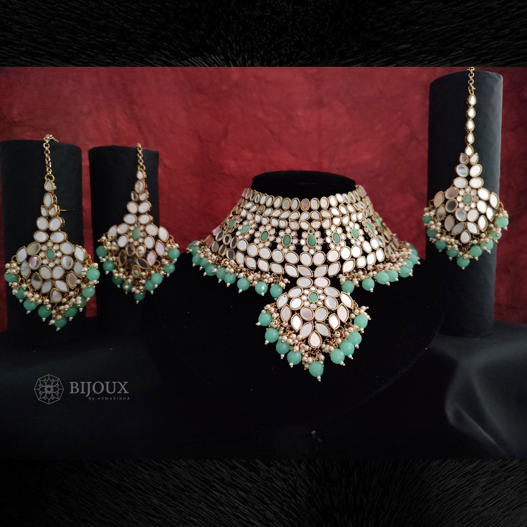 KIRANYA MIRROR SEMI HANDMADE NECKLACE WITH EARRING AND TIKKA NL203