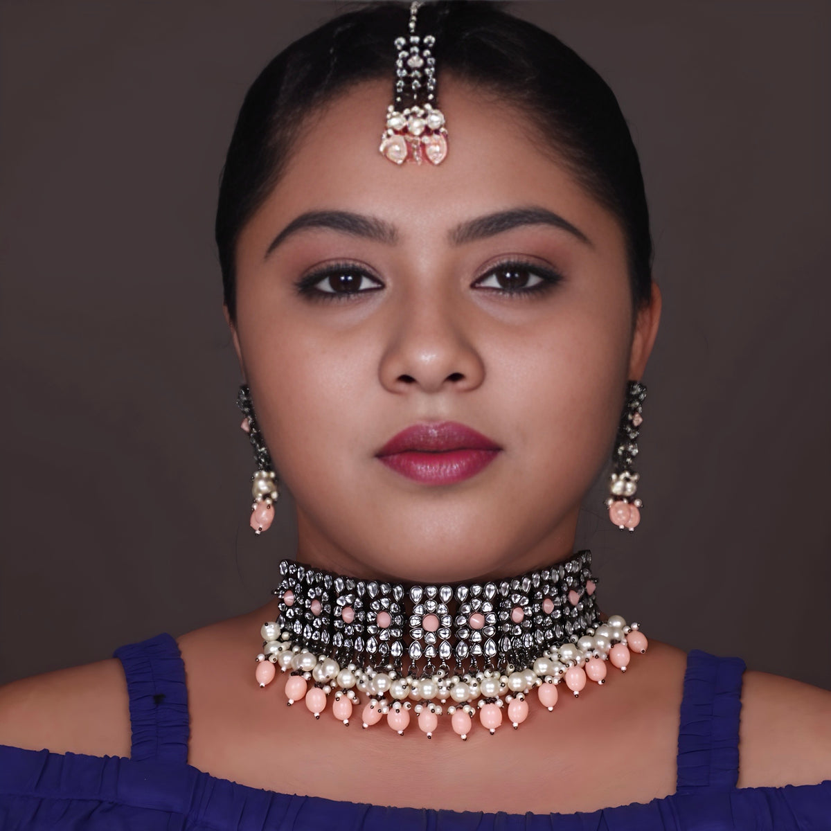 RIYA FAUX KUNDAN BLACK POLISH CHOKER WITH EARRINGS CH340