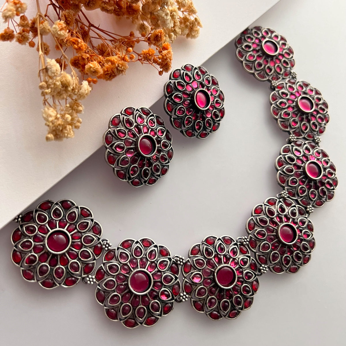 BRUNDHA FAUX SILVER SEMI HANDMADE ANTIQUE NECKPIECE/NECKLACE WITH EARRING NL262