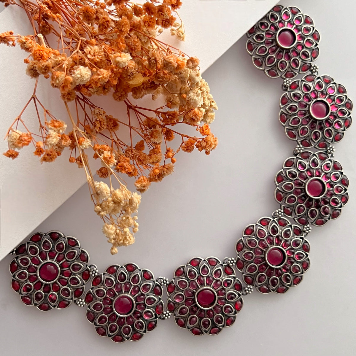 BRUNDHA FAUX SILVER SEMI HANDMADE ANTIQUE NECKPIECE/NECKLACE WITH EARRING NL262