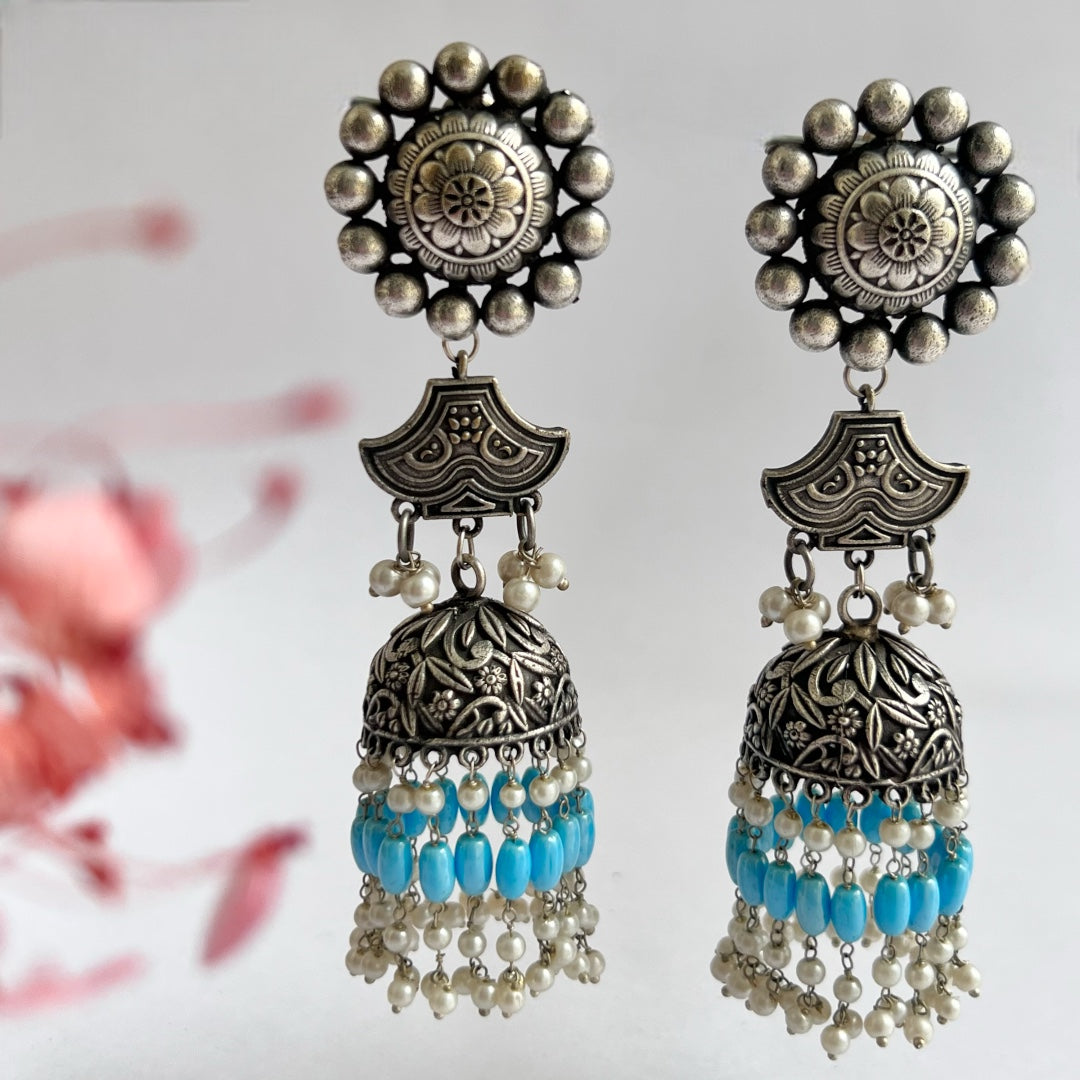 FLORA FANTASY SILVER LOOK ALIKE SEMI-HANDMADE JHUMKAS ER190