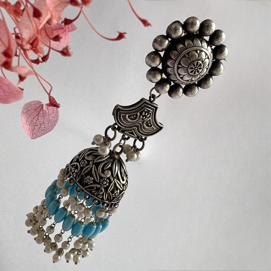 FLORA FANTASY SILVER LOOK ALIKE SEMI-HANDMADE JHUMKAS ER190