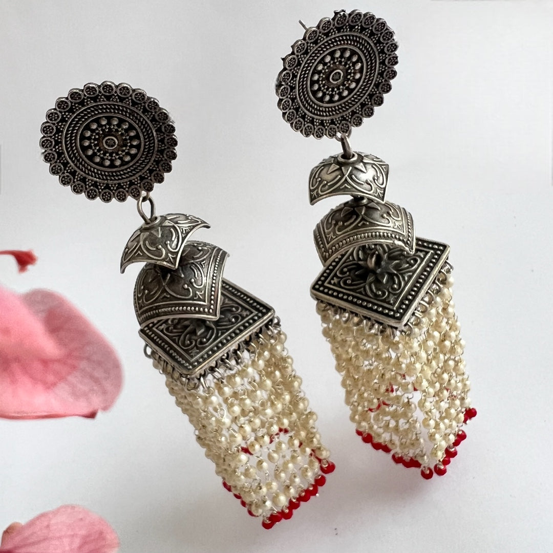 DURBAR SILVER LOOK ALIKE SEMI-HANDMADE JHUMKAS ER187