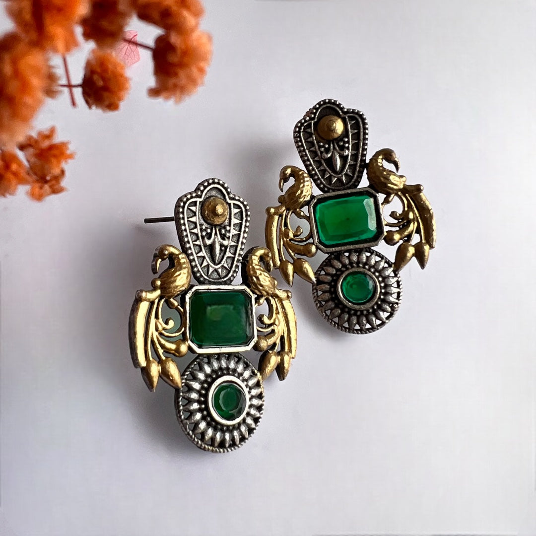 GEMSTONE PEACOCK ELEGANCE DUAL TONE SILVER LOOK ALIKE EARRING ER232