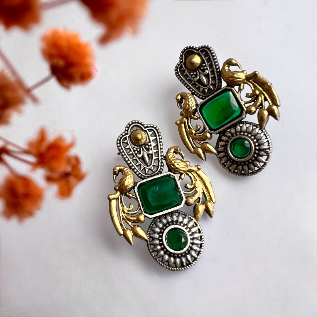 GEMSTONE PEACOCK ELEGANCE DUAL TONE SILVER LOOK ALIKE EARRING ER232