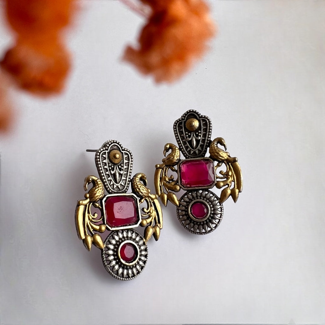 GEMSTONE PEACOCK ELEGANCE DUAL TONE SILVER LOOK ALIKE EARRING ER232