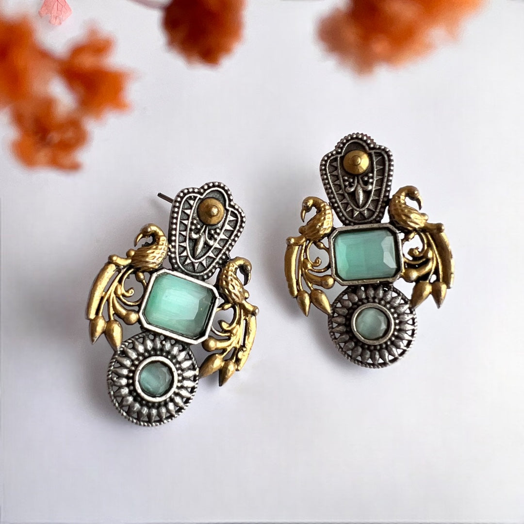 GEMSTONE PEACOCK ELEGANCE DUAL TONE SILVER LOOK ALIKE EARRING ER232