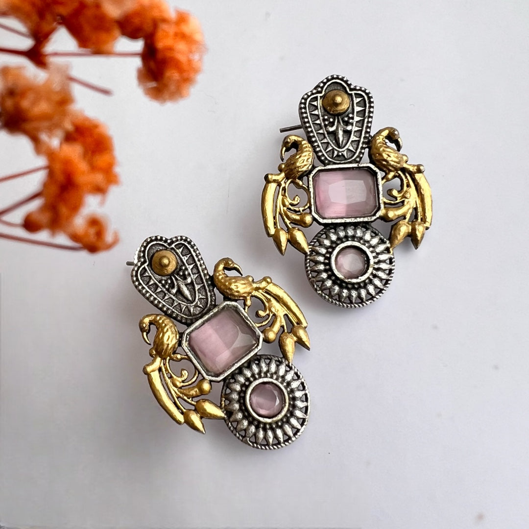 GEMSTONE PEACOCK ELEGANCE DUAL TONE SILVER LOOK ALIKE EARRING ER232