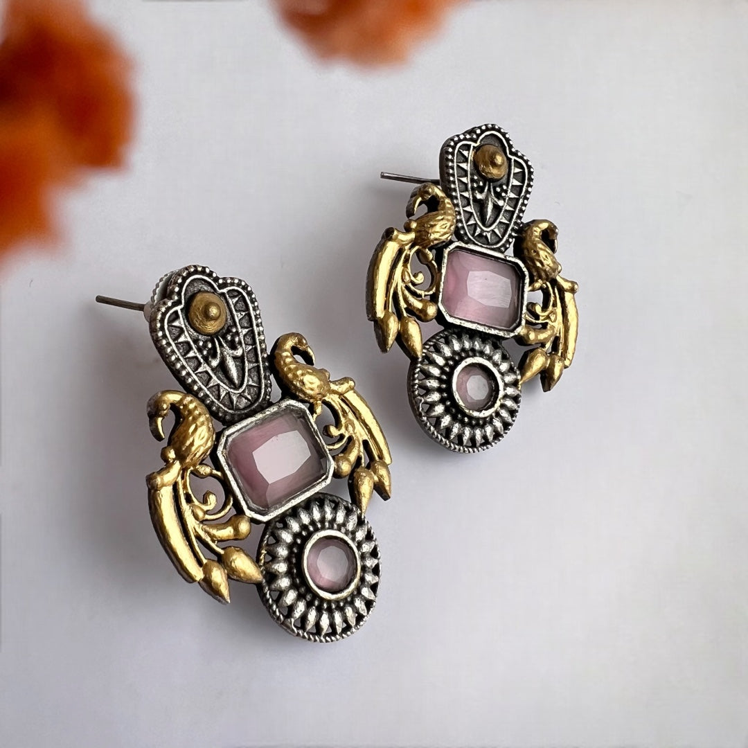 GEMSTONE PEACOCK ELEGANCE DUAL TONE SILVER LOOK ALIKE EARRING ER232