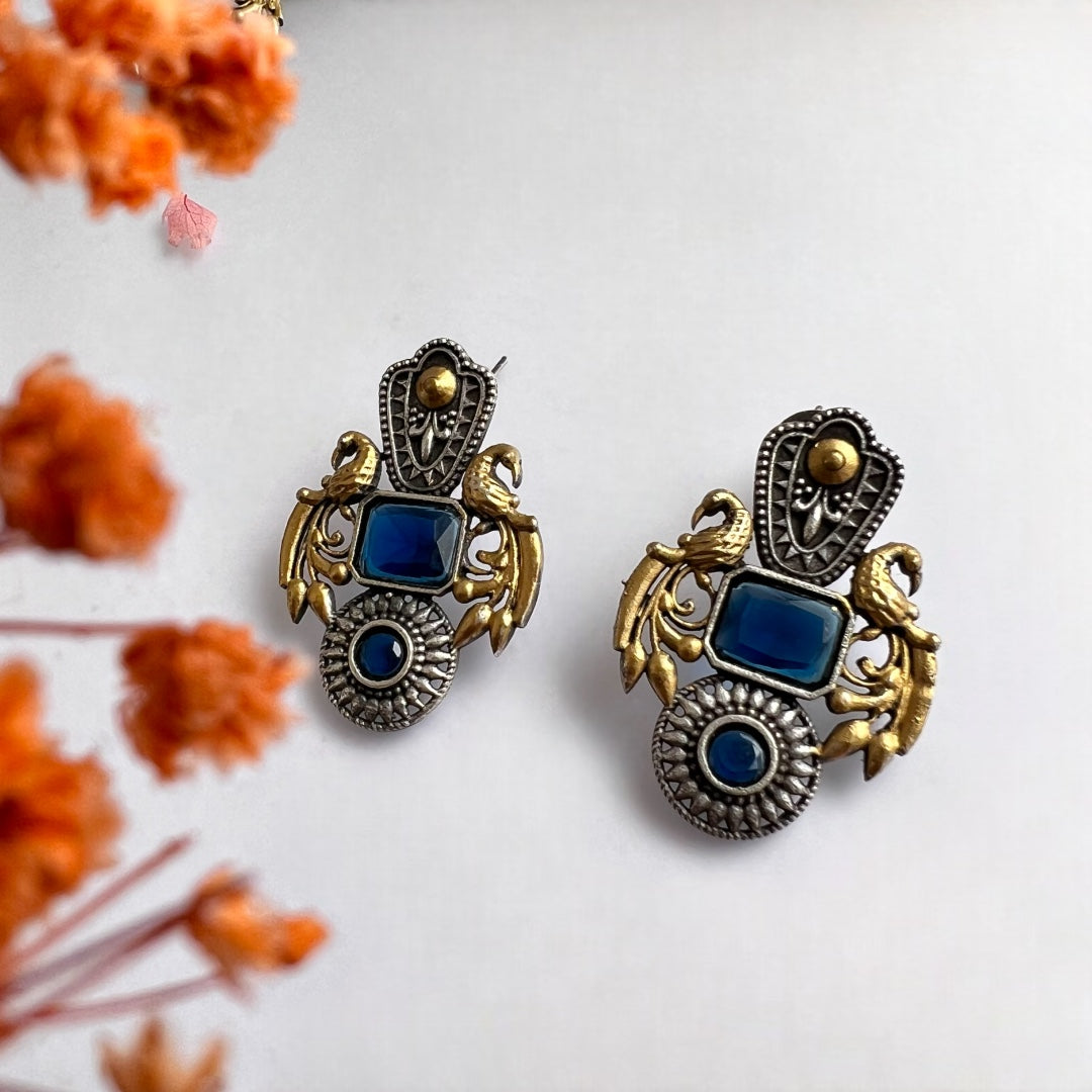 GEMSTONE PEACOCK ELEGANCE DUAL TONE SILVER LOOK ALIKE EARRING ER232