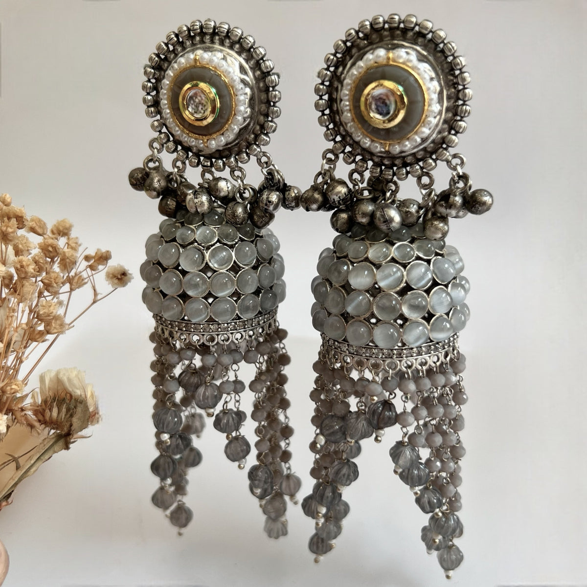 RICHA SILVER LOOK ALIKE GOLD-TONED HANDMADE KEMP JUMBO  JHUMKAS ER576