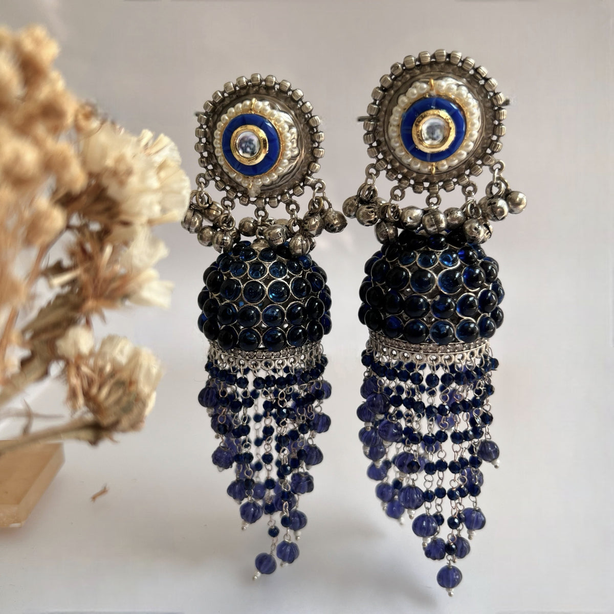 RICHA SILVER LOOK ALIKE GOLD-TONED HANDMADE KEMP JUMBO  JHUMKAS ER576