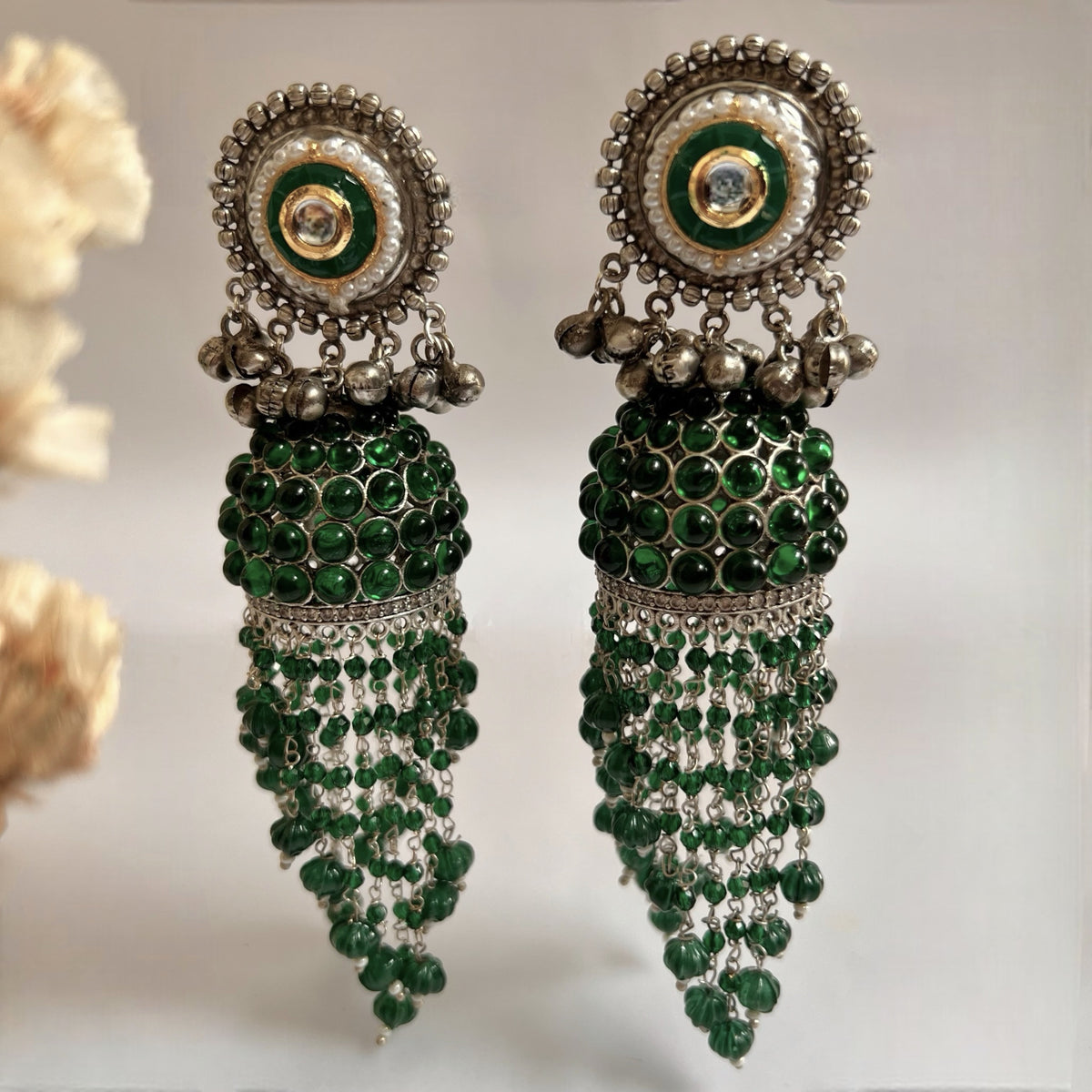 RICHA SILVER LOOK ALIKE GOLD-TONED HANDMADE KEMP JUMBO  JHUMKAS ER576