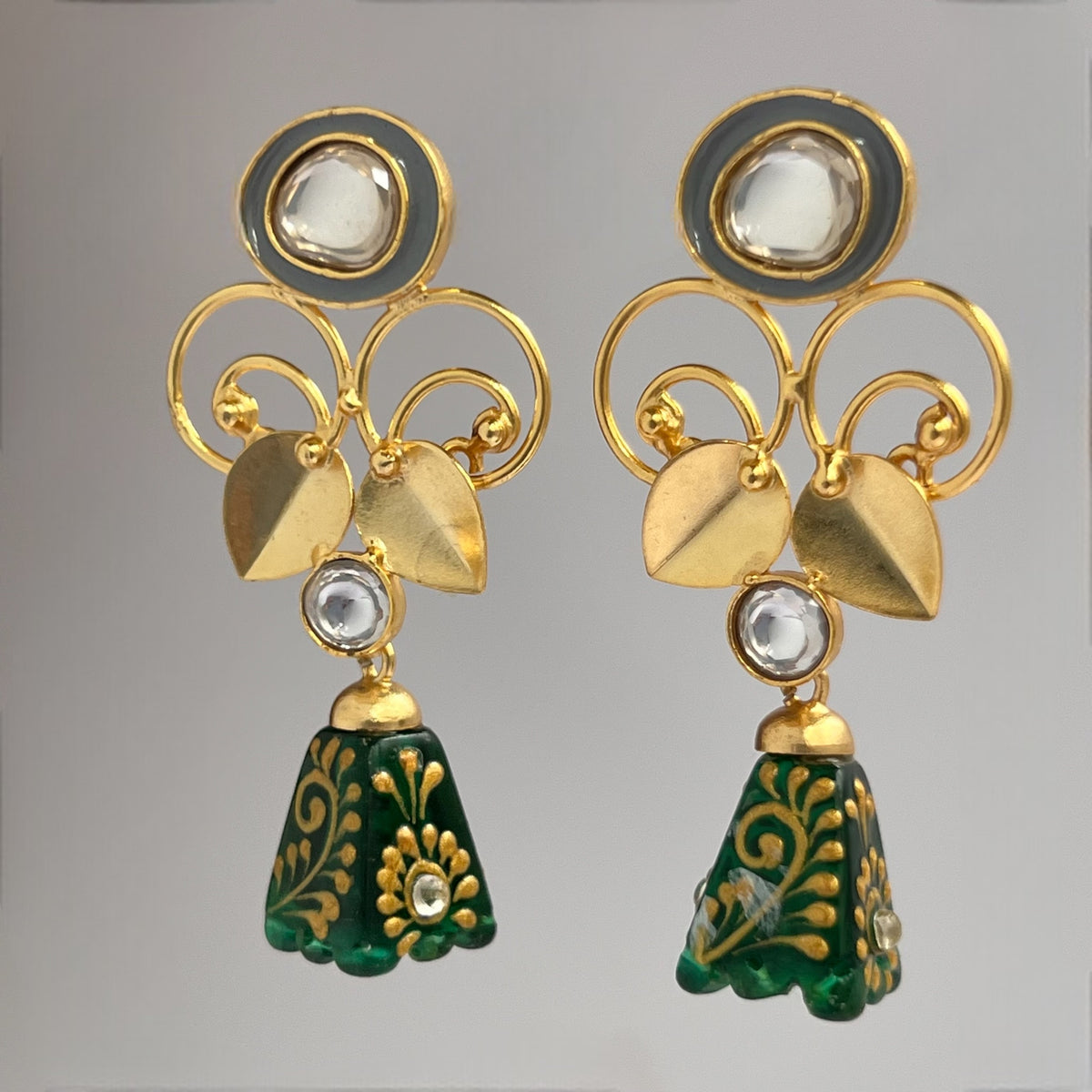 ENAMEL LOPSIDED STONE DROPS WITH CRYSTAL HANDMADE AND HAND PAINTED DANGLE JHUMKAS ER112