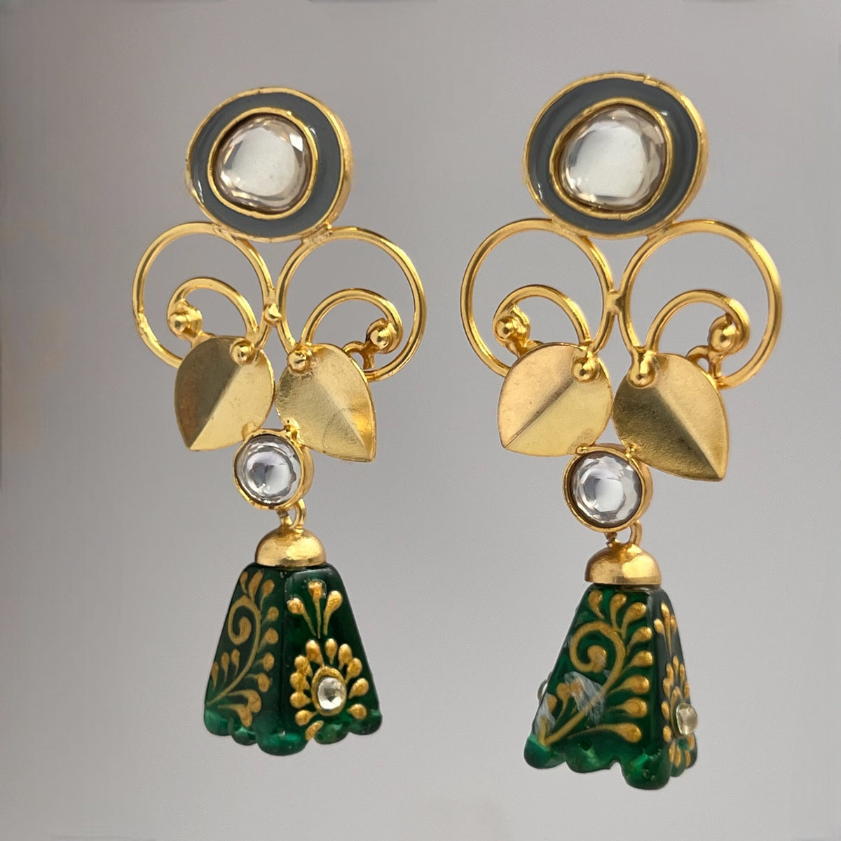 ENAMEL LOPSIDED STONE DROPS WITH CRYSTAL HANDMADE AND HAND PAINTED DANGLE JHUMKAS ER112
