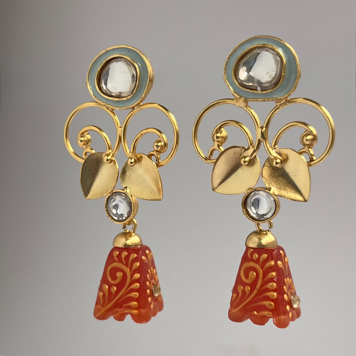 ENAMEL LOPSIDED STONE DROPS WITH CRYSTAL HANDMADE AND HAND PAINTED DANGLE JHUMKAS ER112