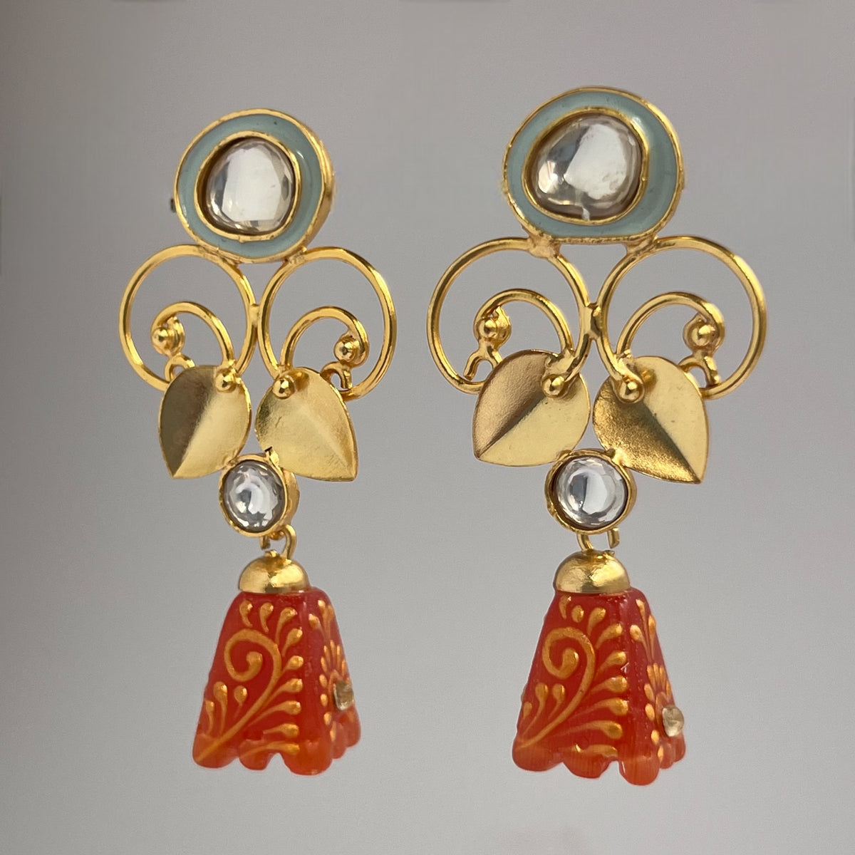 ENAMEL LOPSIDED STONE DROPS WITH CRYSTAL HANDMADE AND HAND PAINTED DANGLE JHUMKAS ER112