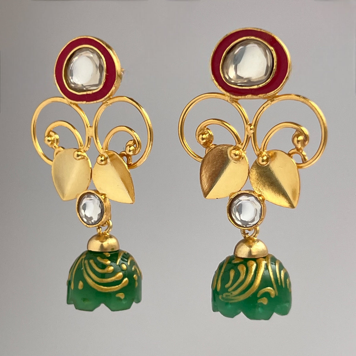 ENAMEL LOPSIDED STONE DROPS WITH CRYSTAL HANDMADE AND HAND PAINTED DANGLE JHUMKAS ER112