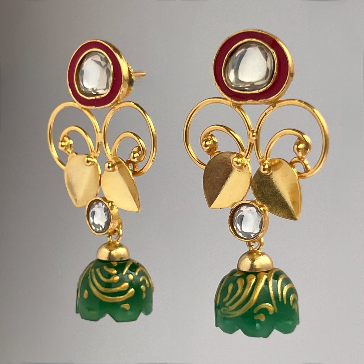 ENAMEL LOPSIDED STONE DROPS WITH CRYSTAL HANDMADE AND HAND PAINTED DANGLE JHUMKAS ER112