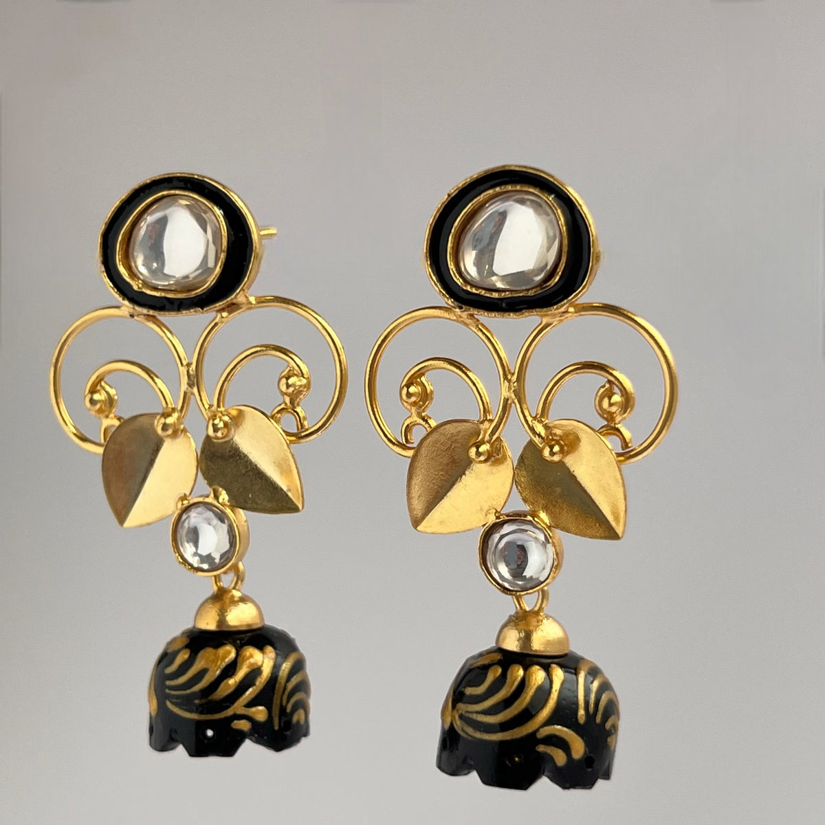 ENAMEL LOPSIDED STONE DROPS WITH CRYSTAL HANDMADE AND HAND PAINTED DANGLE JHUMKAS ER112