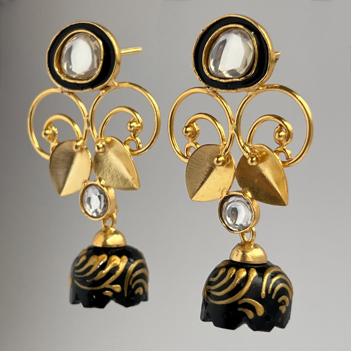 ENAMEL LOPSIDED STONE DROPS WITH CRYSTAL HANDMADE AND HAND PAINTED DANGLE JHUMKAS ER112