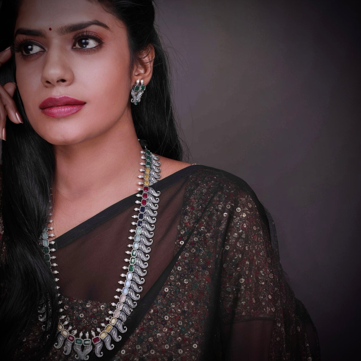 RADHANIA SILVER LOOK ALIKE ANTIQUE MALA WITH EARRINGS ML17