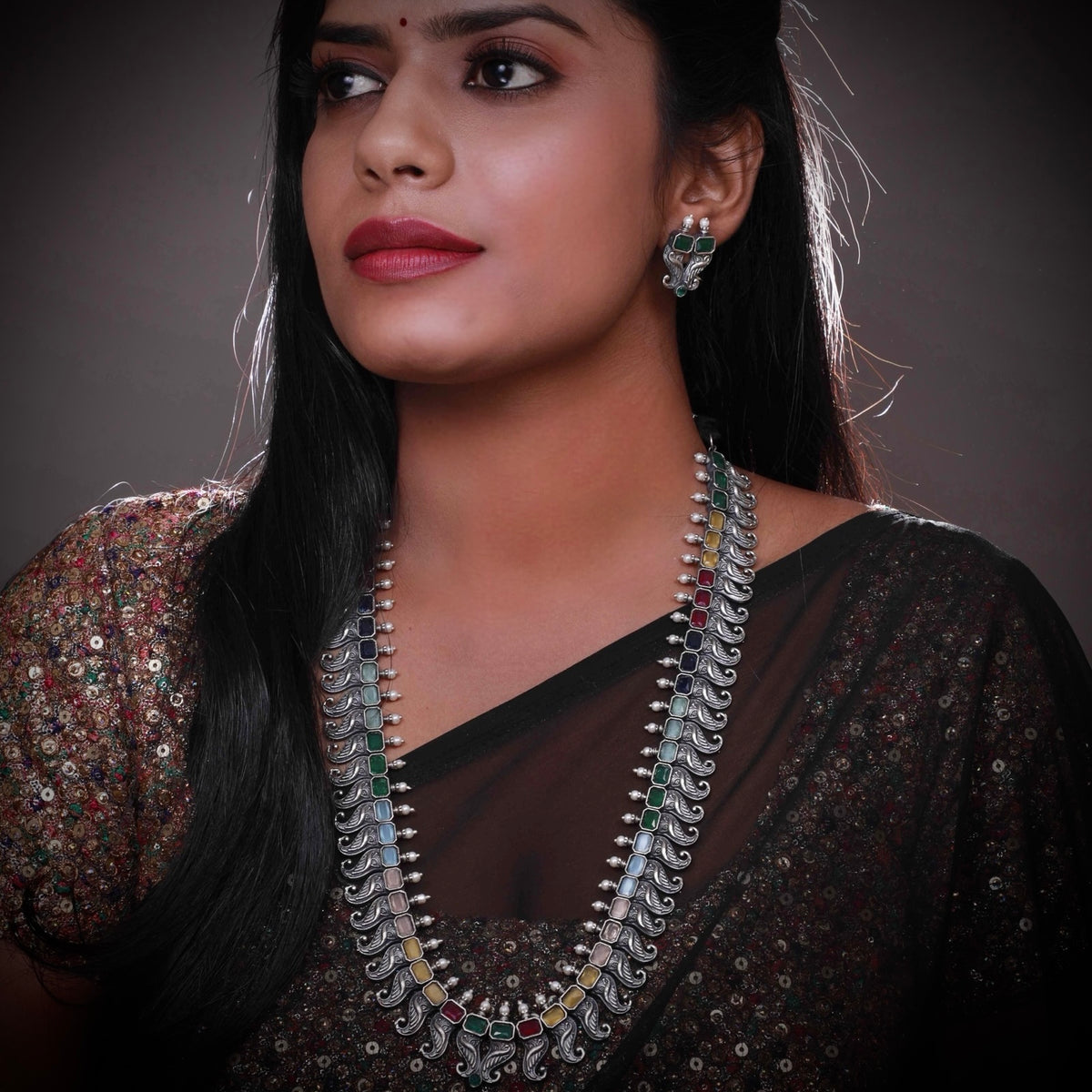 RADHANIA SILVER LOOK ALIKE ANTIQUE MALA WITH EARRINGS ML17