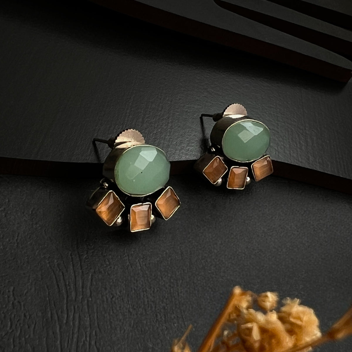 MARA FAUX SILVER HANDMADE BRASS RAW AND RUSTIC MONALISA STUDS/EARRINGS ER432