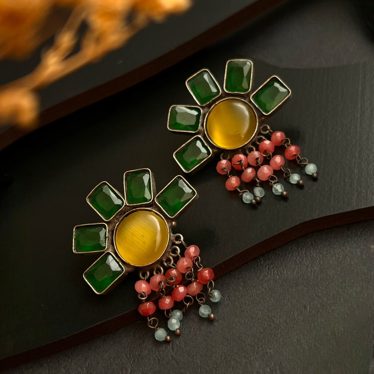 HAZEL FAUX SILVER HANDMADE BRASS RAW AND RUSTIC MONALISA STONE STUD ER435