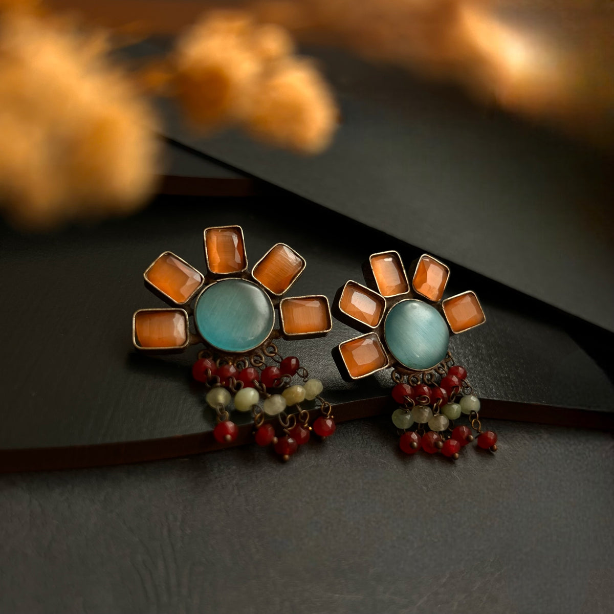 HAZEL FAUX SILVER HANDMADE BRASS RAW AND RUSTIC MONALISA STONE STUD ER435