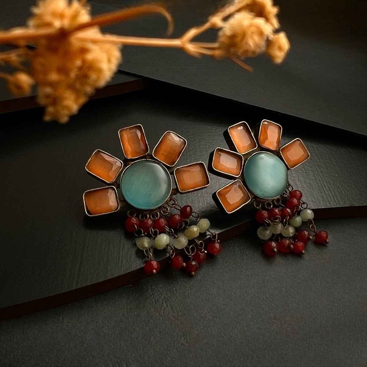 HAZEL FAUX SILVER HANDMADE BRASS RAW AND RUSTIC MONALISA STONE STUD ER435