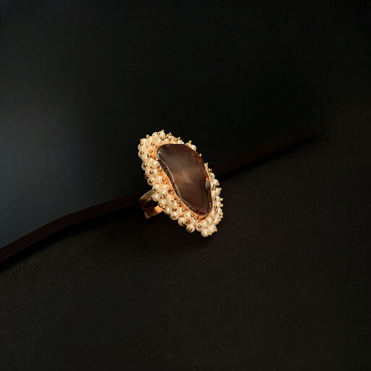CIEL  AGATE PEARL WORK GOLD TONED RING R17
