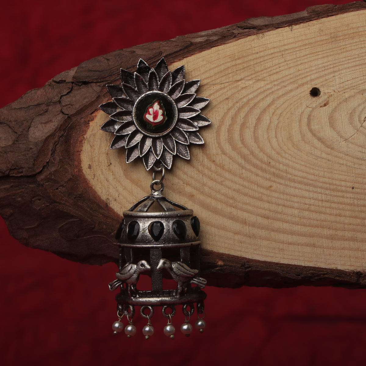 RIYA SILVER LOOK ALIKE SEMI HANDMADE ENAMEL JHUMKA ER183