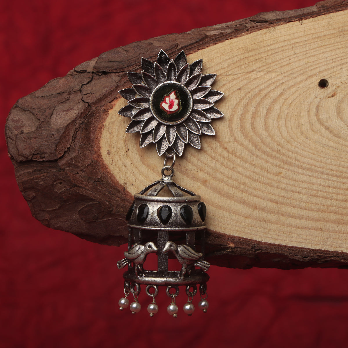 RIYA SILVER LOOK ALIKE SEMI HANDMADE ENAMEL JHUMKA ER183